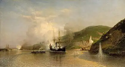Attack by the boat Shutka of a Turkish steamship on the Danube on 14 May 1877