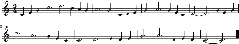 \relative c' {\set Staff.midiInstrument = #"oboe" \set Score.tempoHideNote = ##t \tempo 4 = 150
\key c \major
\time 9/4
\partial 4*3 c4 e g
c2. d b4 a g a2. g c,4 d e g2. a g4 e c d2. ~ d g4 e g
c2. a g4 e c c2. d e4 d e g2. a d,4 e d c2. ~ c
\bar "|."
}