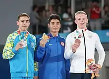 Vault victory ceremony (from left to right): Nazar Chepurnyi (Silver), Brandon Briones (Gold), Jacob Karlsen (Bronze)
