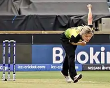 Carey bowling for Australia during the 2020 ICC Women's T20 World Cup
