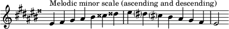 {
\omit Score.TimeSignature \relative c' {
\key eis \minor \time 7/4 eis^"Melodic minor scale (ascending and descending)" fisis gis ais bis cisis disis eis dis? cis? bis ais gis fisis eis2
} }