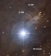 IC 429 and IC 430 next to the bright foreground star 49 Ori.  V883 Ori is the faint star just beyond the tip of IC 429.