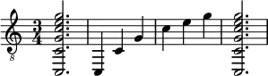{
\clef "treble_8"
\time 3/4
<c, c g c' e' g'>2.
<c, >4
<c >4
<g >4
<c' >4
<e' >4
<g' >4
<c, c g c' e' g'>2.
}