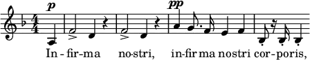 \relative c' { \clef treble \key d \minor \numericTimeSignature \time 4/4 \partial 4*1 a4^\p | f'2-> d4 r | f2-> d4 r | \autoBeamOff a'^\pp g8. f16 e4 f | bes,8-. r16 bes-. bes4-. } \addlyrics { In -- fir -- ma no -- stri, in -- fir -- ma no -- stri cor -- po -- ris, }