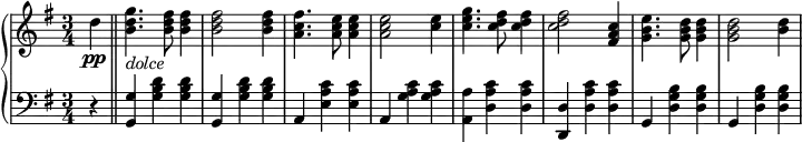 \relative b' {
\new PianoStaff <<
\new Staff { \key e \minor \time 3/4
\tempo \markup {
\column {
}
}
\partial 4 d\pp \bar "||" <b d g>4._\markup { \italic dolce } <b d fis>8 <b d fis>4 <b d fis>2 <b d fis>4 <a c fis>4. <a c e>8 <a c e>4 <a c e>2 <c e>4 <c e g>4. <c d fis>8 <c d fis>4 <c d fis>2 <fis, a c>4 <g b e>4. <g b d>8 <g b d>4 <g b d>2 <b d>4
}
\new Staff { \key e \minor \time 3/4 \clef bass
r4 <g,, g'> <g' b d> <g b d> <g, g'> <g' b d> <g b d> a, <e' a c> <e a c> a, <g' a c> <g a c> <a, a'> <d a' c> <d a' c> <d d,> <d a' c> <d a' c> g, <d' g b> <d g b> g, <d' g b> <d g b> }
>>
}