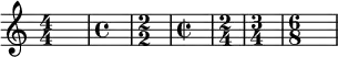 {
\override Score.SpacingSpanner.strict-note-spacing = ##t
\set Score.proportionalNotationDuration = #(ly:make-moment 1/1)
\key c \major
\relative c' {
\numericTimeSignature \time 4/4 s1
\defaultTimeSignature \time 4/4 s1
\numericTimeSignature \time 2/2 s1
\defaultTimeSignature \time 2/2 s1
\time 2/4 s2
\time 3/4 s2.
\time 6/8 s2.
} }