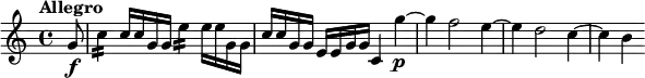 \relative c'' {
\tempo "Allegro"
\partial 8 g8\f |
c4:16 c16 c g g e'4:16 e16 e g, g |
c16 c g g e e g g c,4 g''~\p |
g4 f2 e4~ |
e4 d2 c4~ |
c4 b
}
