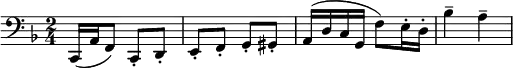 \relative c
{
\clef bass \key f \major \time 2/4 c,16( a' f8) c-. d-. e-. f-. g-. gis-. a16( d c g f'8) e16-. d-. bes'4-- a--
}