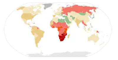 A map of the world where most of the land is colored green or yellow except for sub Saharan Africa which is colored red