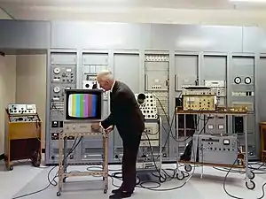 Image 16A color television test at the Mount Kaukau transmitter site, New Zealand in 1970.A test pattern with color bars is used to calibrate the signal. (from Color television)