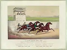Hand-colored lithograph showing four horses pulling two-wheeled sulkies with drivers holding whips.  Three men in formal dress are observing the action from a raised platform behind a white picket fence.  A cloud of dust rises behind the horses, giving a sense of great speed.