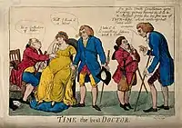 Doctors misdiagnose a pregnancy, Isaac Cruikshank, 1803
