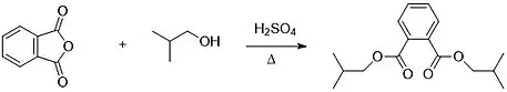 Acid catalyzed reaction scheme of isobutanol and phthalic anhydride to form diisobutyl phthalate