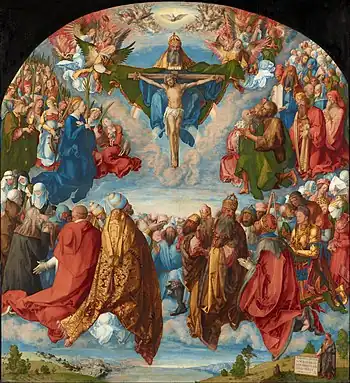 Image 30The Adoration of the Trinity by Albrecht Dürer (1511)From top to bottom: Holy Spirit (dove), God the Father and Christ on the cross (from Trinity)