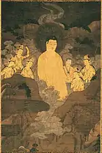 Amida coming over the Mountain from the Kyoto National Museum dated to the 13th century. Hanging scroll, 120.6&nbsp;cm x 80.3&nbsp;cm. Color on silk.