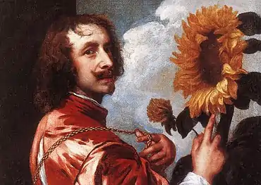 Van Dyck with sunflower, representing his patronage by Charles I, whose medal he holds up to the flower. Or is Van Dyck the sun the flower turns to? 1633 or later.