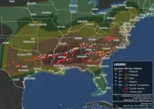 Map plotting locations of tornado touchdowns and tornado warning polygons across the Southeastern United States