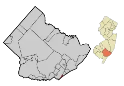 Location of Longport in Atlantic County highlighted in red (left). Inset map: Location of Atlantic County in New Jersey highlighted in orange (right).