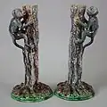 Candlesticks, 9.4ins, coloured glazes, Palissy style.