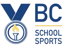 Current BC School Sports Logo (Design: The text "BC School Sports" in Dark Blue beside a dark blue medal with a yellow torch in the middle)