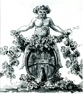 The epistle's credo sings "Here Bacchus is bidden!" Illustration of Bacchus, god of wine, by Johan Gottlob Brusell&nbsp;[sv] in one of Bellman's manuscripts.