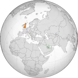 Map indicating locations of Bahrain and United Kingdom