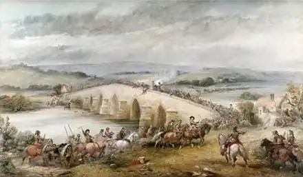  A colourful oil painting depicting two forces of 17th-century soldiers fighting on a large stone-built river bridge