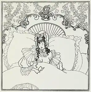 ornate ink-drawn illustration of an elegant lady sitting up in an ornate bed