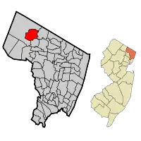 Location of Ramsey in Bergen County highlighted in red (left). Inset map: Location of Bergen County in New Jersey highlighted in orange (right).