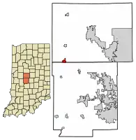 Location of Jamestown in Boone County and Hendricks County, Indiana.