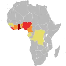 A map of Africa, with shading predominantly in southern West Africa.