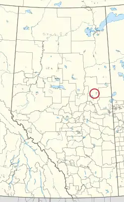 A map of the province of Alberta showing 80 counties and 145 small Indian reserves. One is highlighted with a red circle.