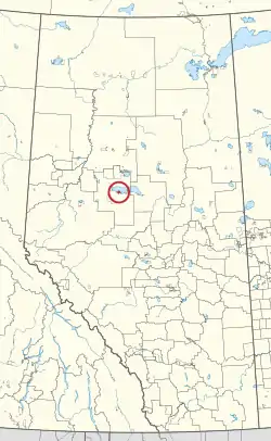 A map of the province of Alberta showing 80 counties and 145 small Indian reserves. One is highlighted with a red circle.