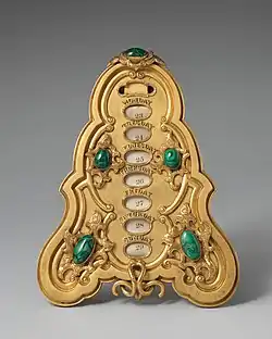 British calendar, 1851, gilt bronze and malachite, height: 20.3 cm, Metropolitan Museum of Art (New York City)