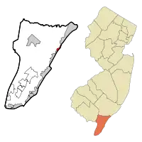 Map of Strathmere highlighted within Cape May County. Right: Location of Cape May County in New Jersey.