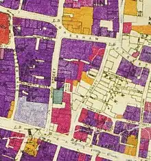 London Blitz bomb damage map, c. 1945 (purple: damaged beyond repair; scarlet: seriously damaged, doubtful if repairable; other colours: lower levels of damage)