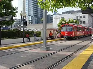 A trolley at County Center/Little Italy station
