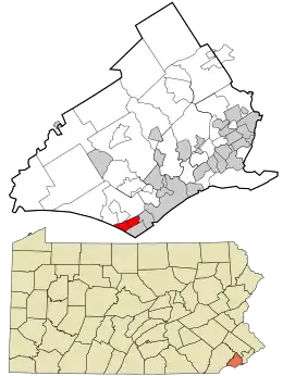 Location in Delaware County and the state of Pennsylvania.