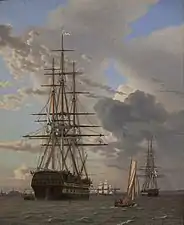 The Russian ship of the line 'Assow' and a Frigate at Anchor in the Roads of Elsinore, Christoffer Wilhelm Eckersberg, 1828