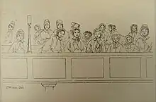 Sketch of sixteen women in nineteenth-century dress, sitting in a gallery.