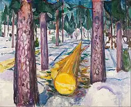 The Yellow Log, 1912, .mw-parser-output .frac{white-space:nowrap}.mw-parser-output .frac .num,.mw-parser-output .frac .den{font-size:80%;line-height:0;vertical-align:super}.mw-parser-output .frac .den{vertical-align:sub}.mw-parser-output .sr-only{border:0;clip:rect(0,0,0,0);clip-path:polygon(0px 0px,0px 0px,0px 0px);height:1px;margin:-1px;overflow:hidden;padding:0;position:absolute;width:1px}129.5&nbsp;cm ×&nbsp;159.5&nbsp;cm (51&nbsp;in ×&nbsp;62+3⁄4&nbsp;in), Munch Museum, Oslo