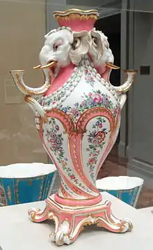 Rococo candelabrum vase with elephant mascarons, 1757–1758, by the Sèvres Porcelain Manufactory, probably designed by Jean-Claude Duplessis, soft-paste porcelain with enamel and gilding, Art Institute of Chicago, US