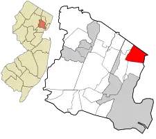 Location of Nutley in Essex County highlighted in red (right). Inset map: Location of Essex County in New Jersey highlighted in orange (left).