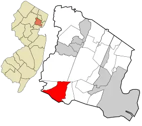 Location of Short Hills in Essex County highlighted in right (red). Inset map: Location of Essex County in New Jersey highlighted in orange (left).