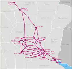 Mitre  5&nbsp;ft&nbsp;6&nbsp;in (1,676&nbsp;mm)with the Tren de la Costa in 4&nbsp;ft&nbsp;8+1⁄2&nbsp;in (1,435&nbsp;mm)