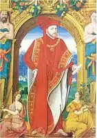 Phillip II as The grand master of the order. Codex of the Golden Fleece Order 1536. Patrimonio Nacional, Madrid, Spain.