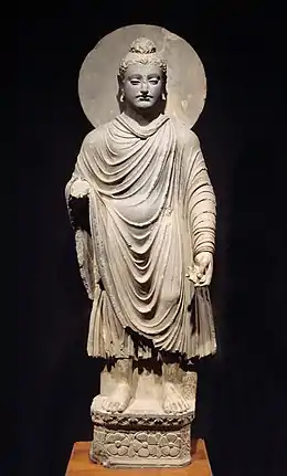 A statue of a standing man wearing a cloak (from Human history)