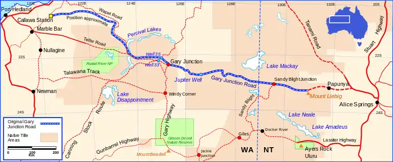 Map of the original Gary Junction Road 1350&nbsp;km in length.