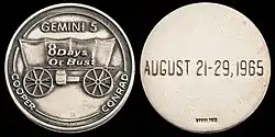 Gemini 5 mission emblem and crew names (front). Flight dates (back)