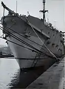 Bows of HMS Largs, 2 rows of fittings on hull (at top edge and along middle)